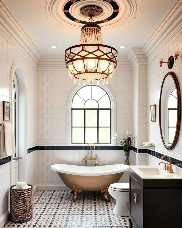 vintage vibe art deco chandelier for bathroom - 20 Bathroom Chandelier Ideas