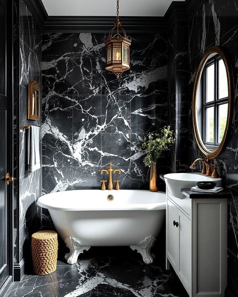 vintage vibe black marble bathroom - 20 Black Marble Bathrooms