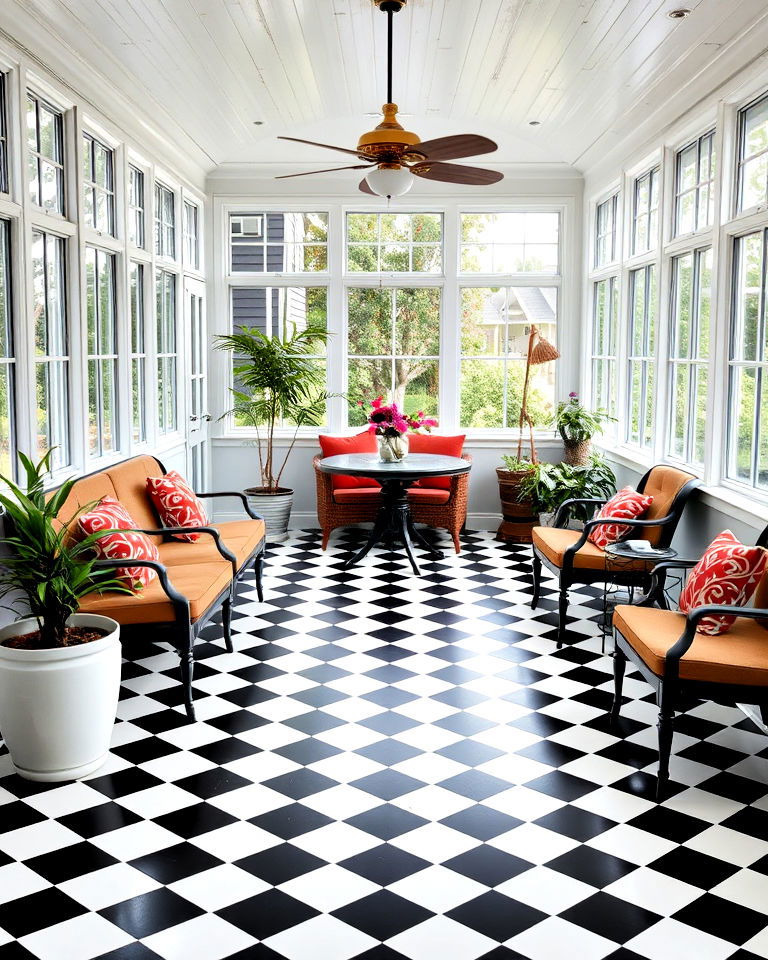 vintage vibe checkerboard tile patterns - 15 Sunroom Tile Floor Ideas