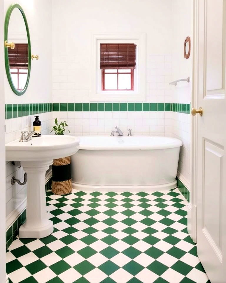 vintage vibe green and white checkerboard floor - 20 Small Green Bathroom Ideas