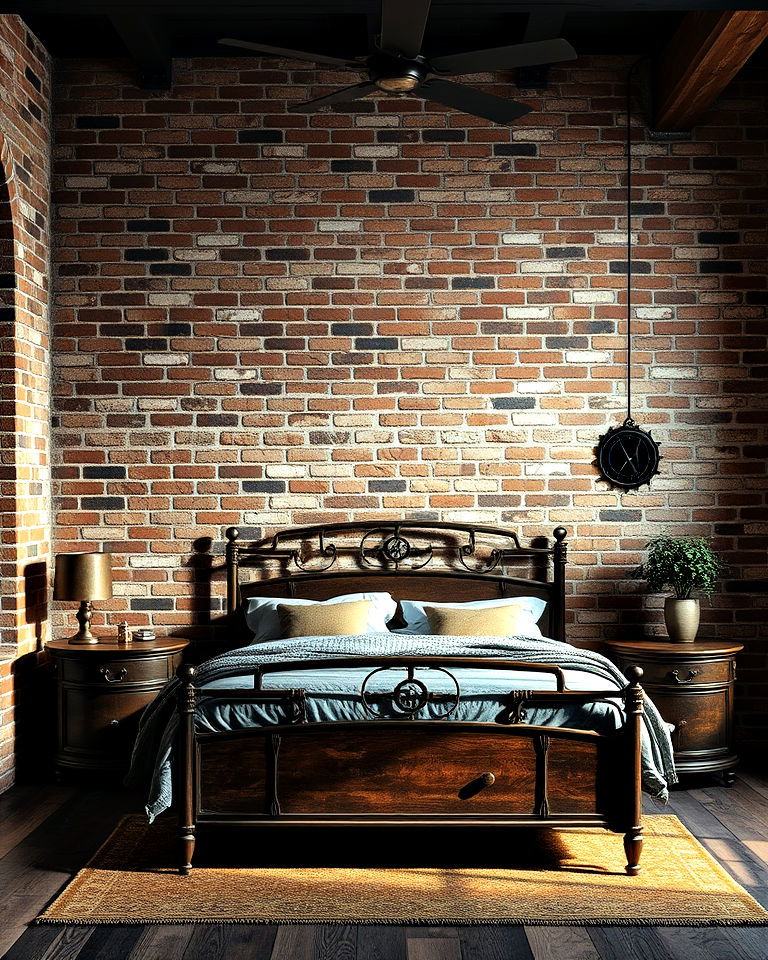 vintage vibe install exposed brick walls - 15 Steampunk Bedroom Ideas