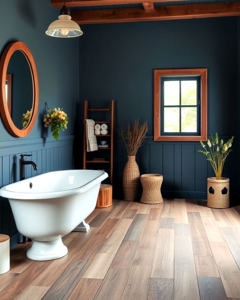 vintage vibe reclaimed wood bathroom floor - 25 Ideas for Wood Floors in Bathrooms