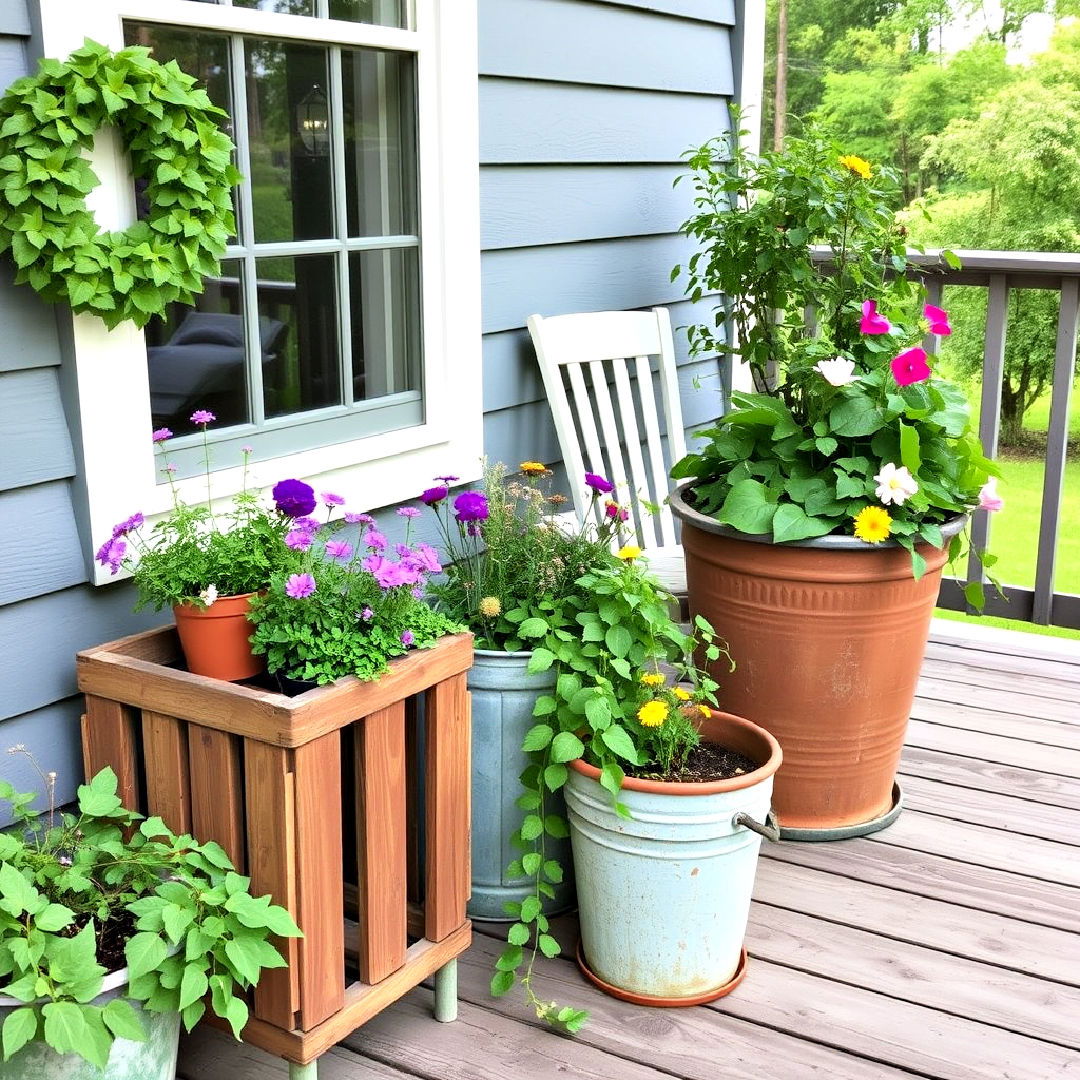 vintage vibe rustic planters - 25 Deck Decorating Ideas With Plants