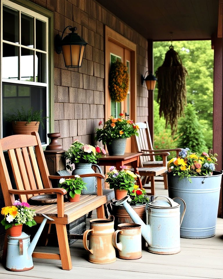 vintage watering cans as decor for rustic porch - 30 Rustic Porch Ideas