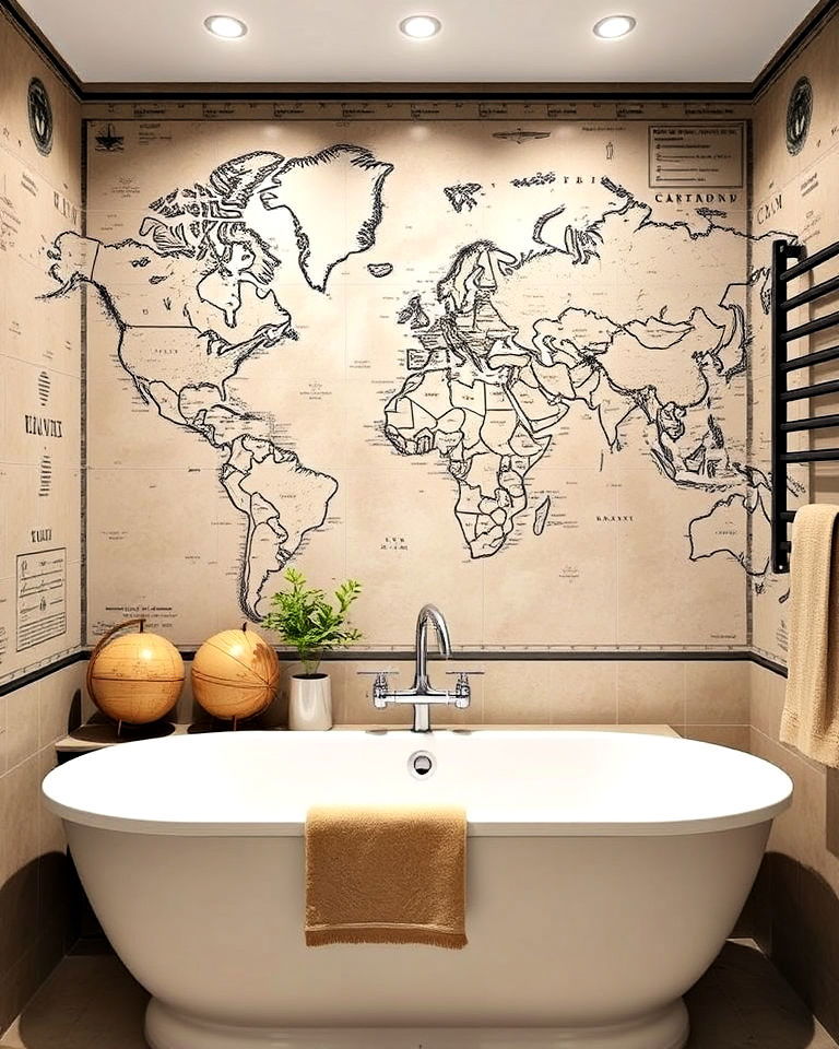 vintage world map bathroom mural - 30 Bathroom Mural Ideas