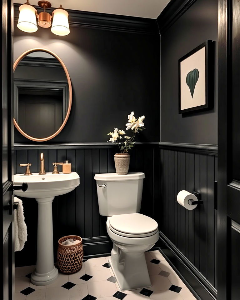 wainscoting for black powder room - 25 Black Powder Room Ideas