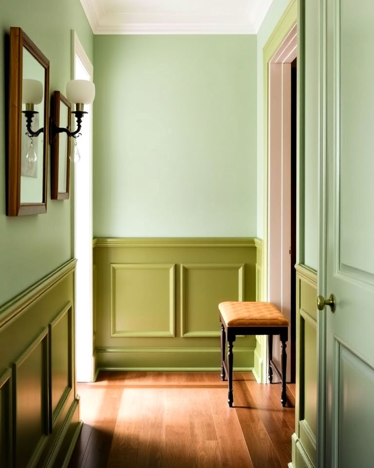 wainscoting for two tone green hallway - 20 Green Hallway Ideas
