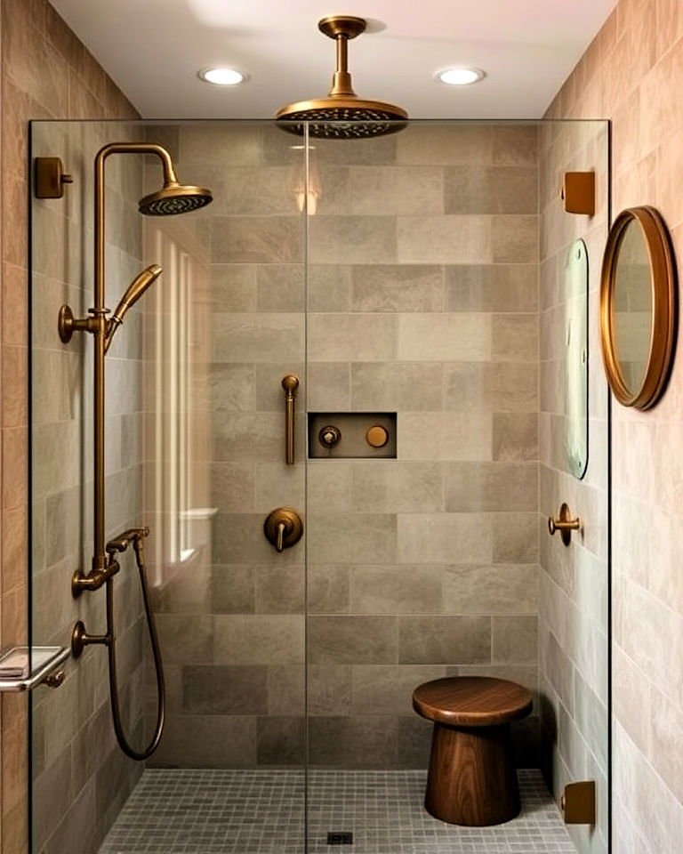 walk in shower with antique brass fixtures - 25 Rustic Walk-in Shower Ideas