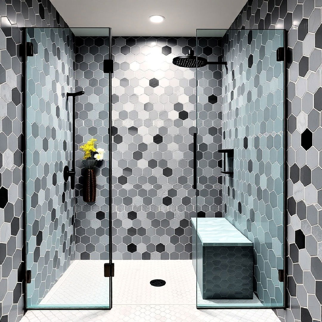 walk in shower with bold hexagon tiles - 30 Walk-in Shower Tile Ideas