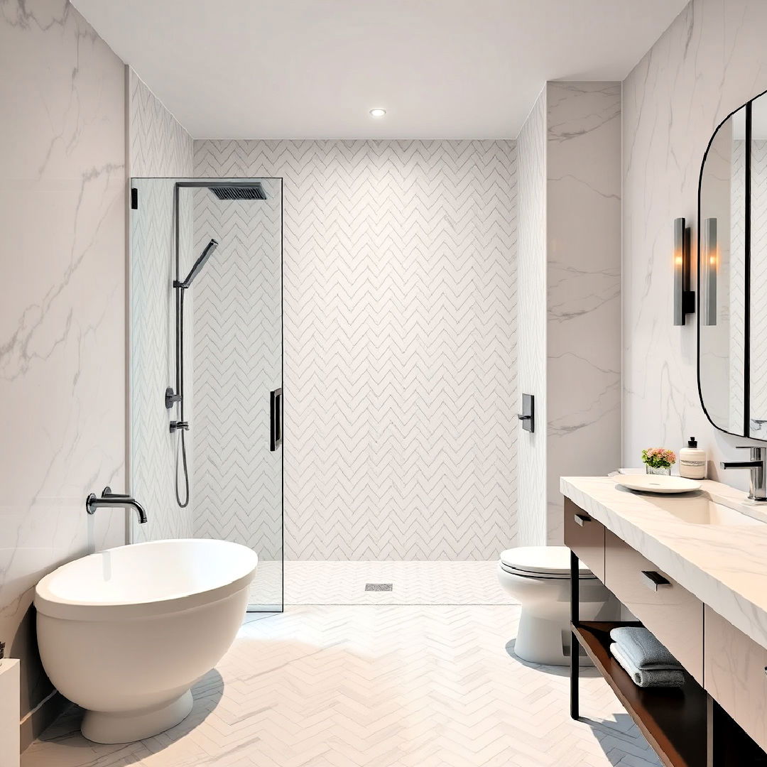 walk in shower with herringbone pattern tiles - 30 Walk-in Shower Tile Ideas
