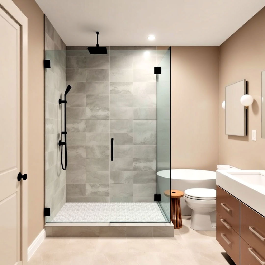 walk in shower with modern cement look tiles - 30 Walk-in Shower Tile Ideas