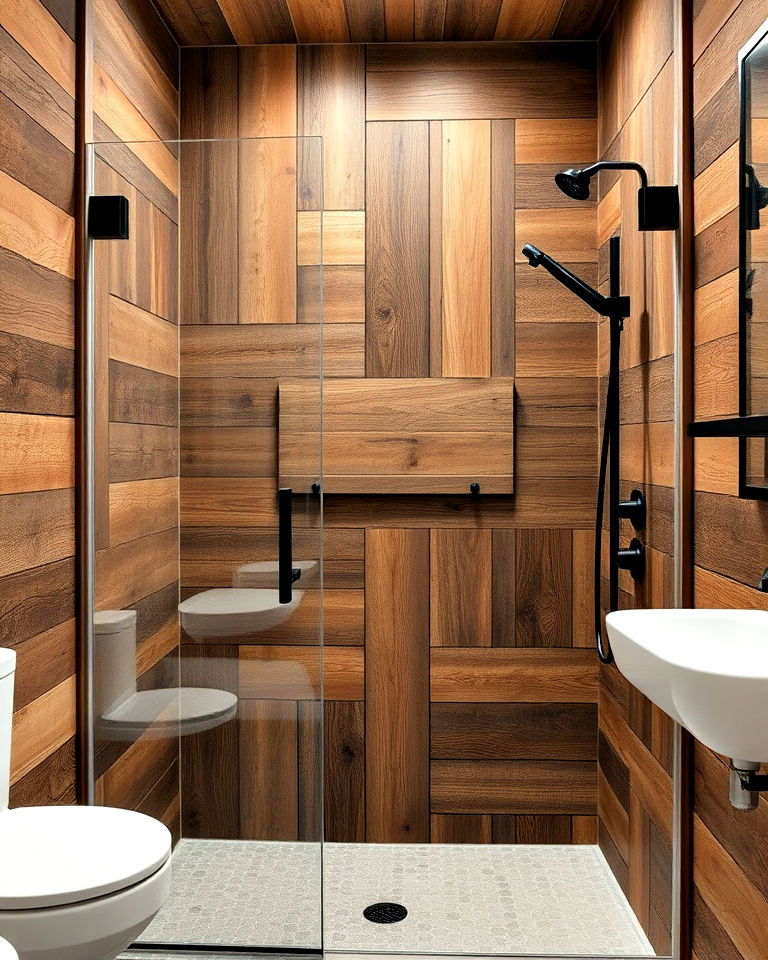 walk in shower with rustic wood paneling - 25 Rustic Walk-in Shower Ideas