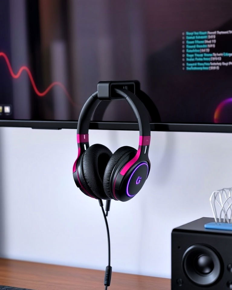 wall mounted headphone stand to save desk space - 20 Gamer Girl Room Ideas