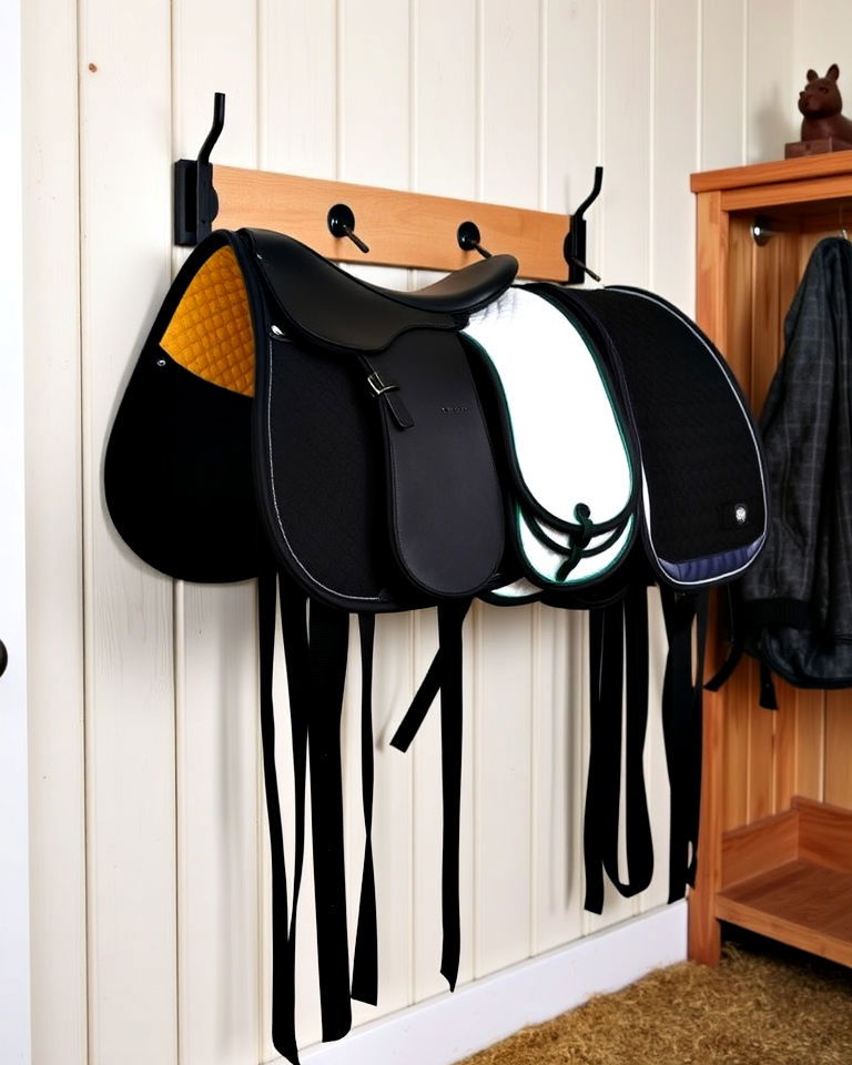 wall mounted saddle pad storage - 20 Tack Room Ideas