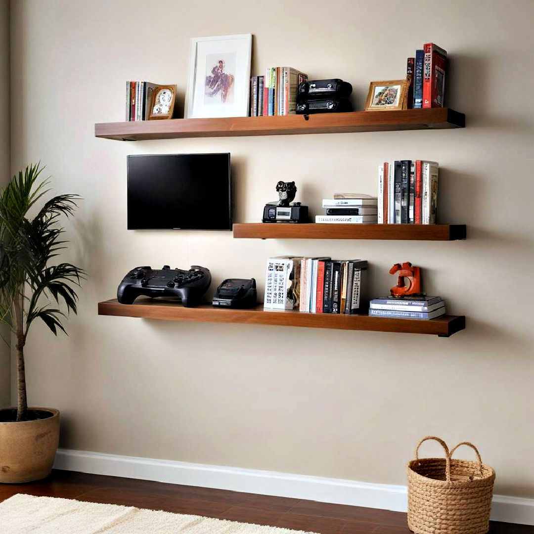 wall mounted shelves for small game room - 25 Small Game Room Ideas