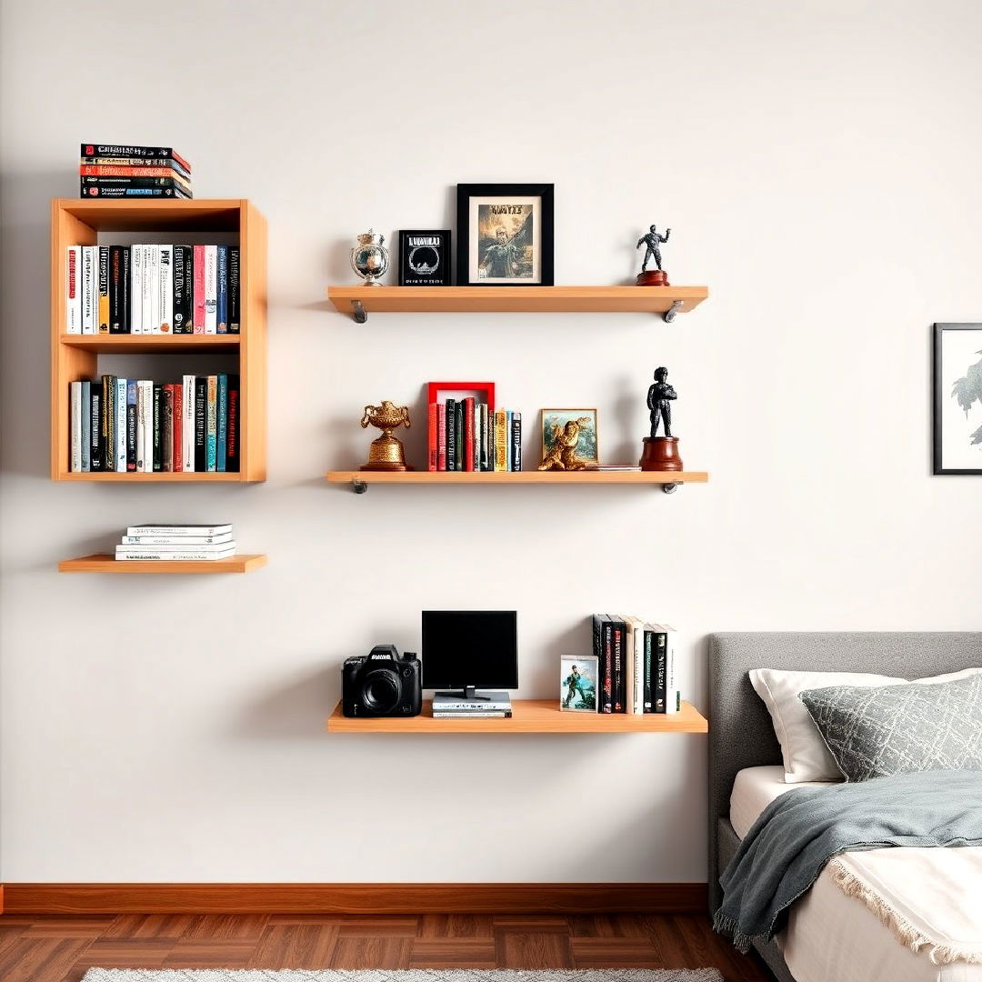 wall mounted shelving to display personal collections - 40 Teen Hangout Room Ideas