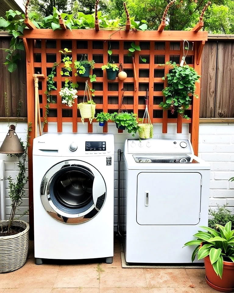 wall trellis with outdoor laundry space - 30 Outdoor Laundry Room Ideas