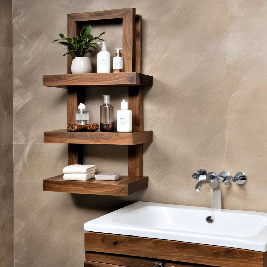 walnut shelves for extra storage space - 25 Brown Bathroom Ideas