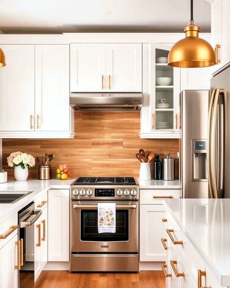 warm accents for white kitchen with stainless steel appliances - 25 White Kitchen with Stainless Steel Appliances Ideas