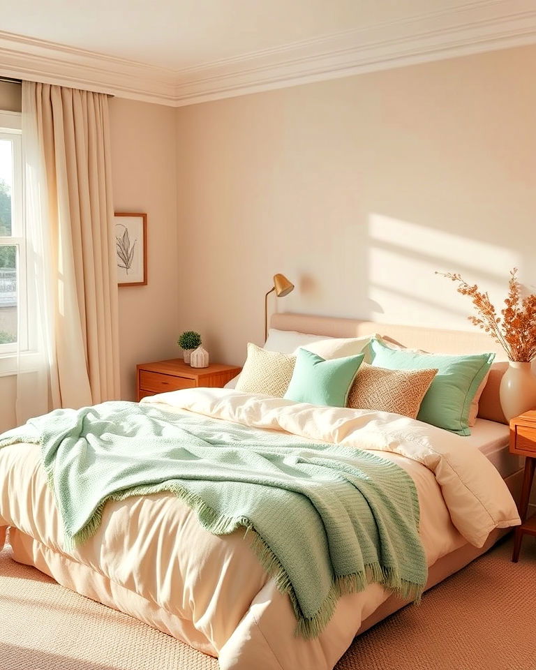 warm beige bedroom with hints of mint green - 30 Green and Beige Bedroom Ideas