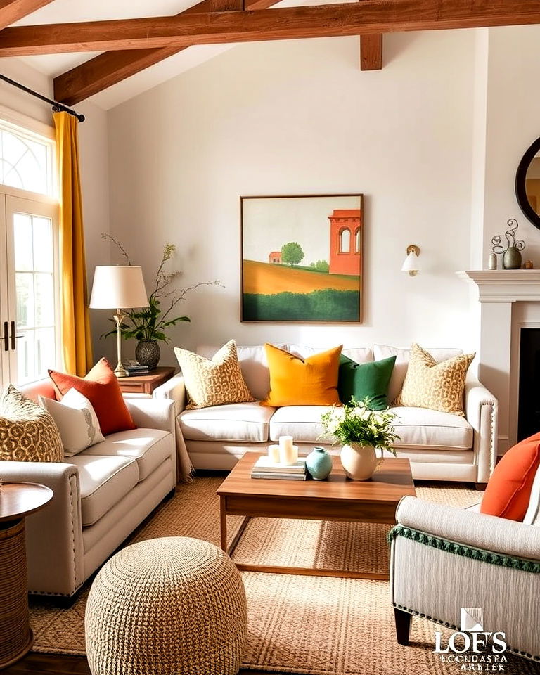 warm color accents to create visual interest - 25 Joanna Gaines Living Room Ideas