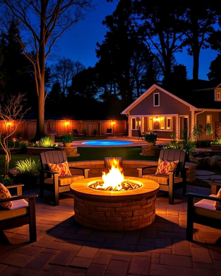 warm glow with fire pit lighting - 40 Backyard Lighting Ideas