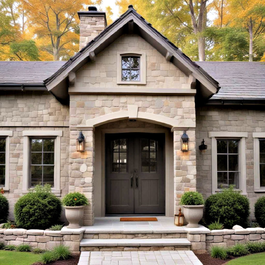 warm gray exterior house paint with natural materials - 40 Gray Exterior House Paint Ideas