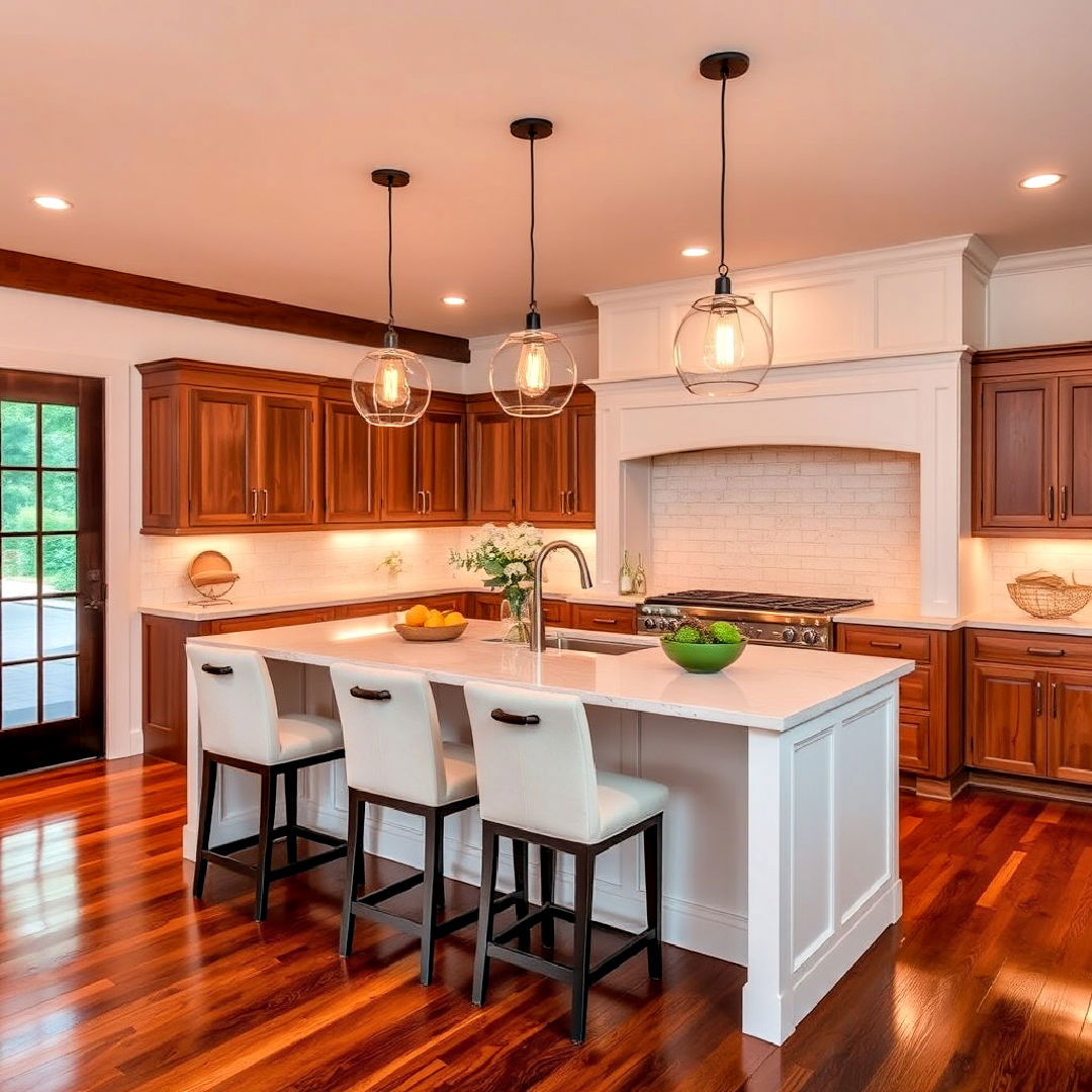 warm lighting for kitchen with dark wood floor - 25 Kitchen With Dark Wood Floors