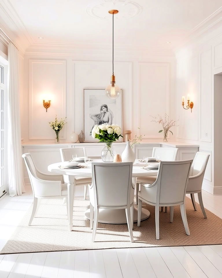 warm lighting in white dining room - 30 White Dining Room Ideas