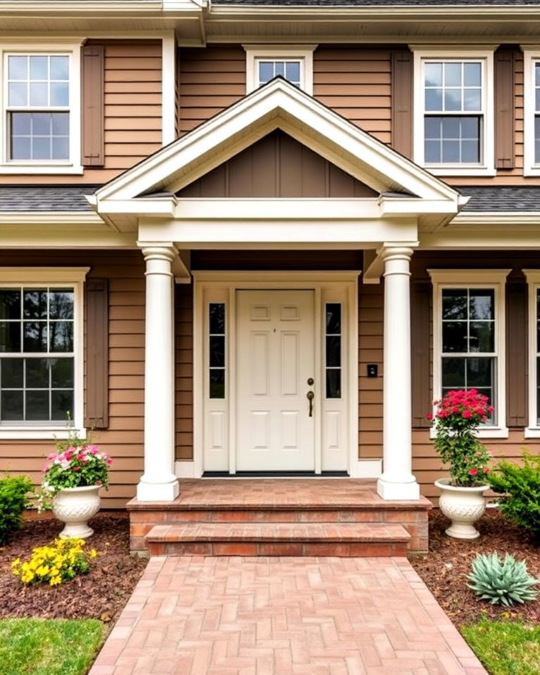warm taupe siding with creamy white accents - 20 Two-tone Siding Designs