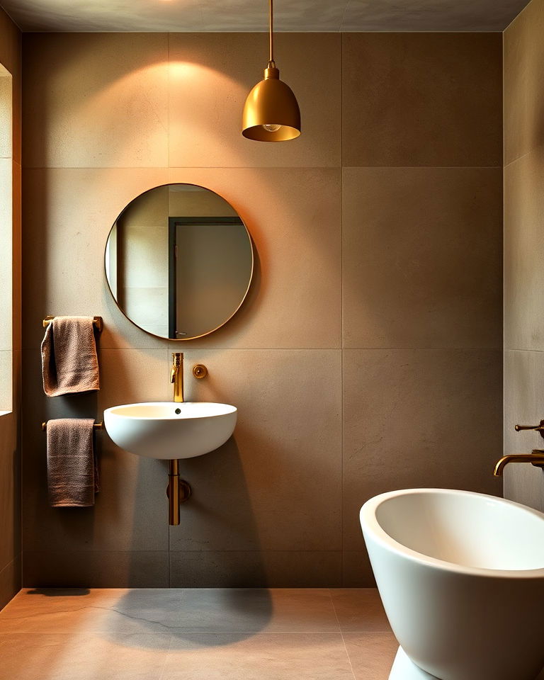 warm toned concrete with brass fixtures - 30 Concrete Bathroom Ideas