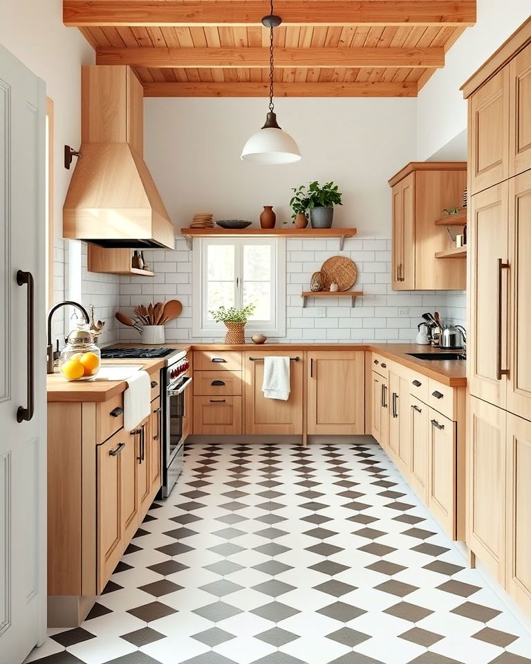 warm wood cabinetry for checkered floor kitchen - 25 Kitchens With Checkered Floors