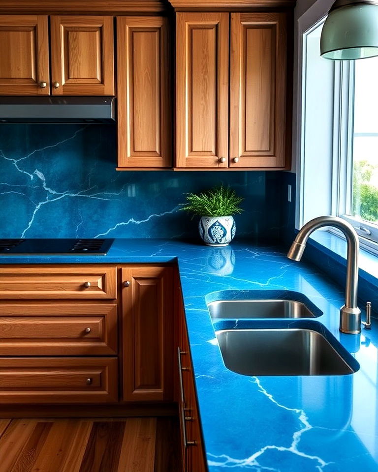warm wood cabinets and ocean blue countertops - 20 Kitchens With Blue Countertops