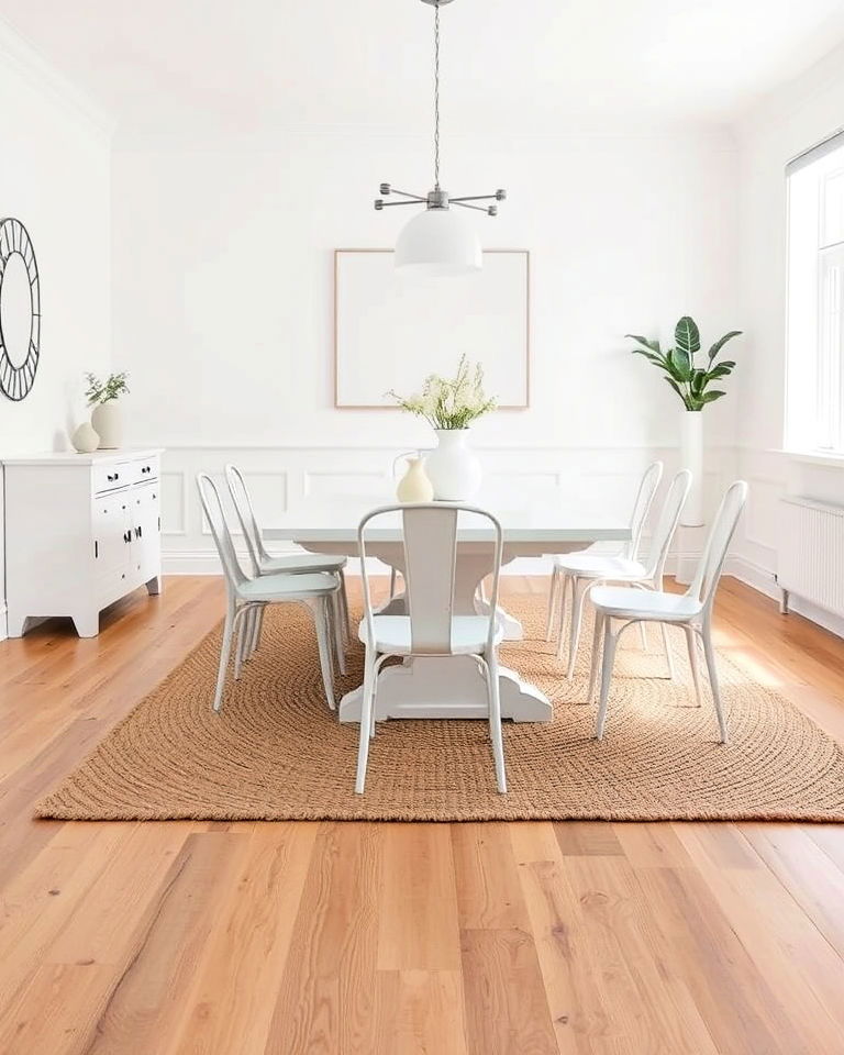 warm wooden flooring for white dining room - 30 White Dining Room Ideas