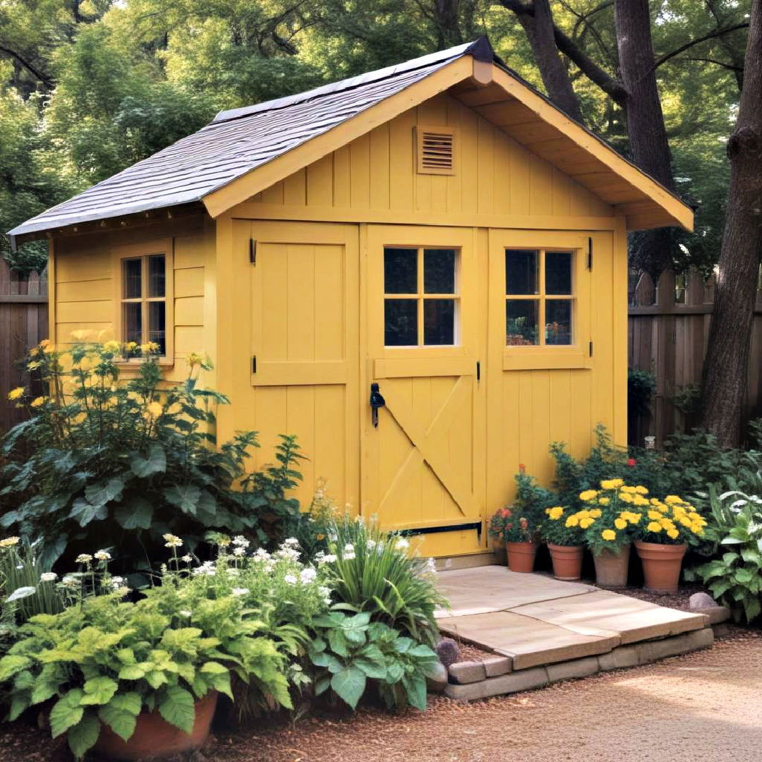 warm yellow shed pairs with green plants - 20 Shed Color Ideas