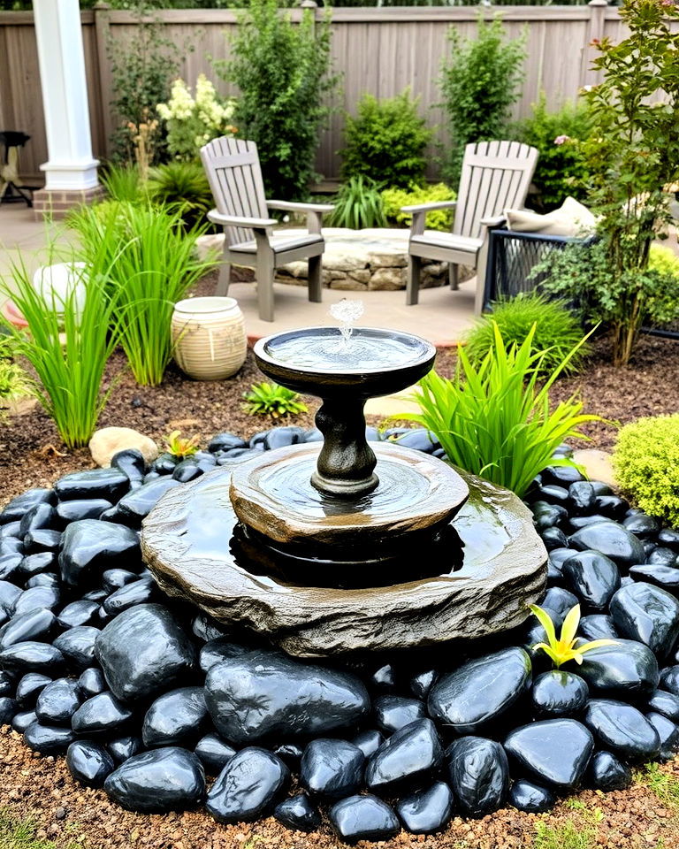 water feature with black river rock landscape - 20 Black River Rock Landscaping Ideas
