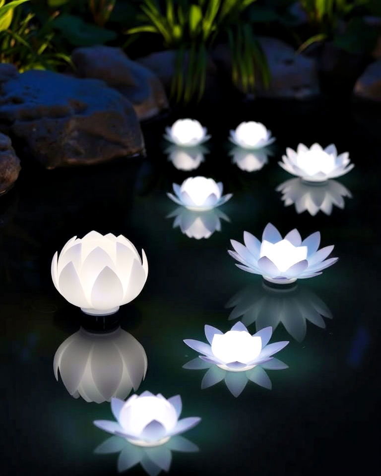 water feature with floating lights - 40 Garden Lighting Ideas