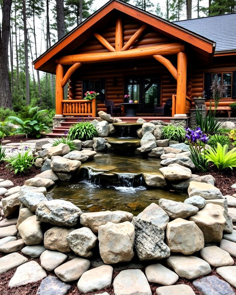 water feature with rustic natural stones - 25 Log Cabin Landscaping Ideas
