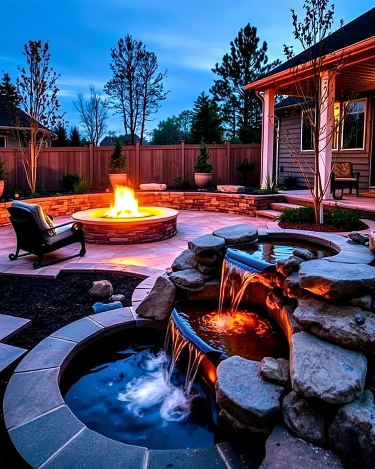 water feature with stone patio and fire pit - 25 Stone Patio With a Fire Pit Ideas