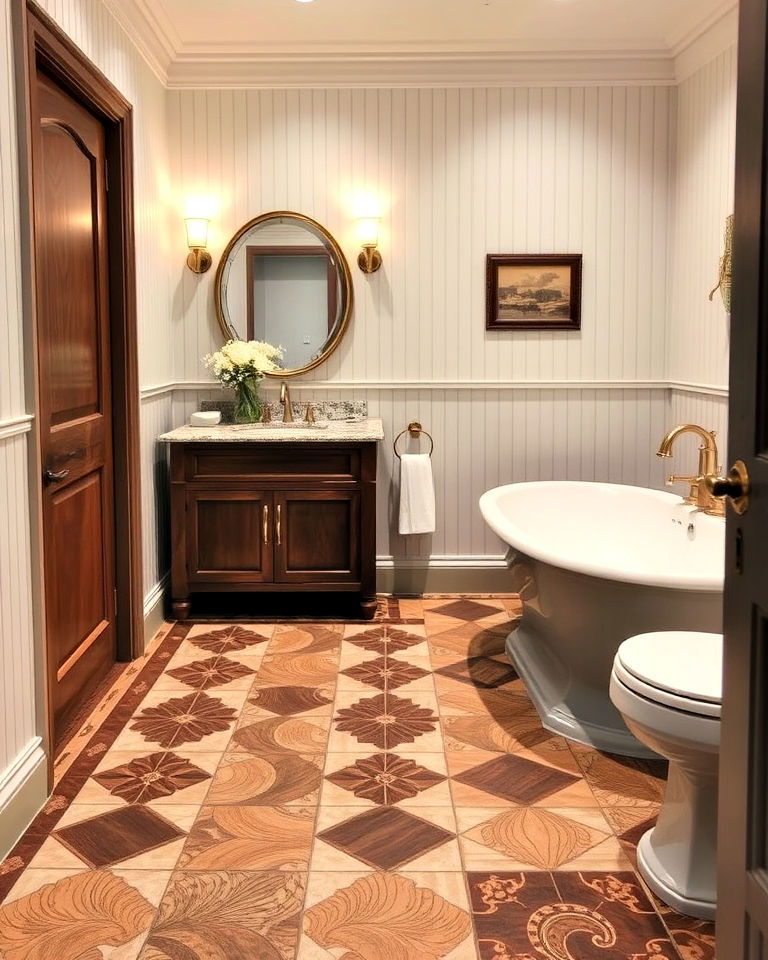 water resistant patterned wood inlays - 25 Ideas for Wood Floors in Bathrooms