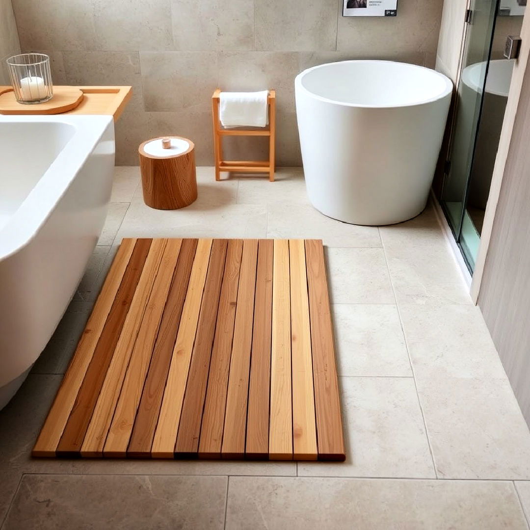 water resistant wooden bath mat - 40 Japandi Bathroom Ideas