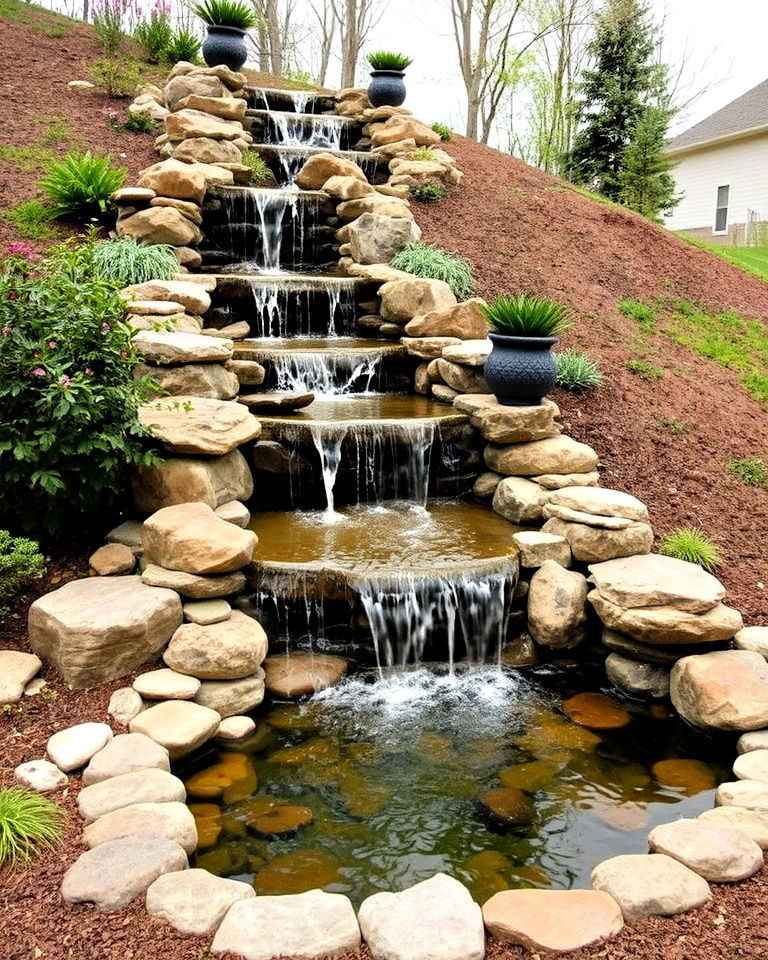 waterfall feature for sloped backyard - 25 Down Sloped Backyard Ideas
