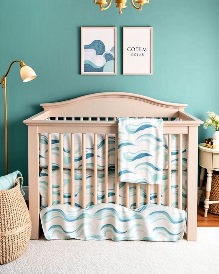 wave patterned bedding for ocean themed nursery - 20 Ocean-themed Nursery Ideas