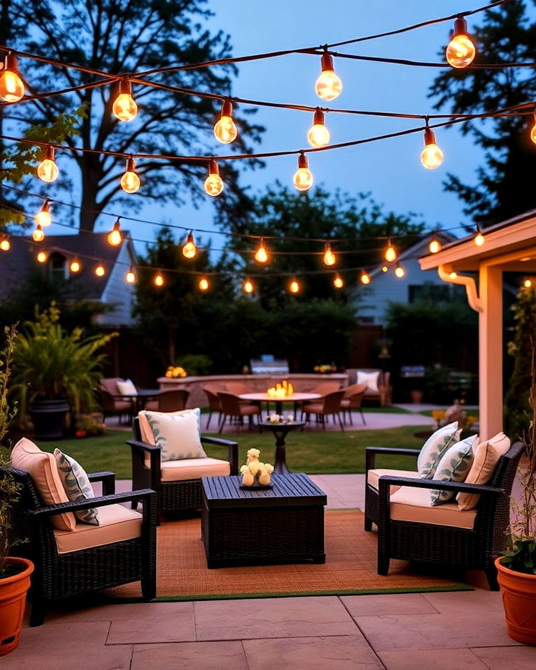 weather resistant bistro lights - 40 Backyard Lighting Ideas