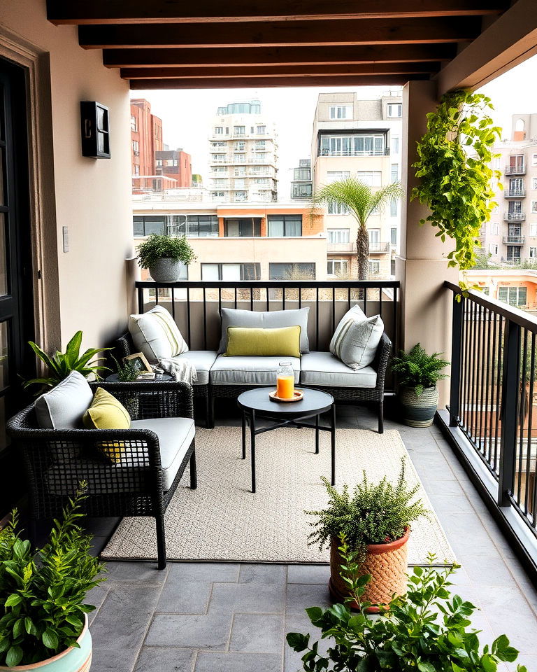 weather resistant compact outdoor sofa - 25 Balcony Seating Ideas