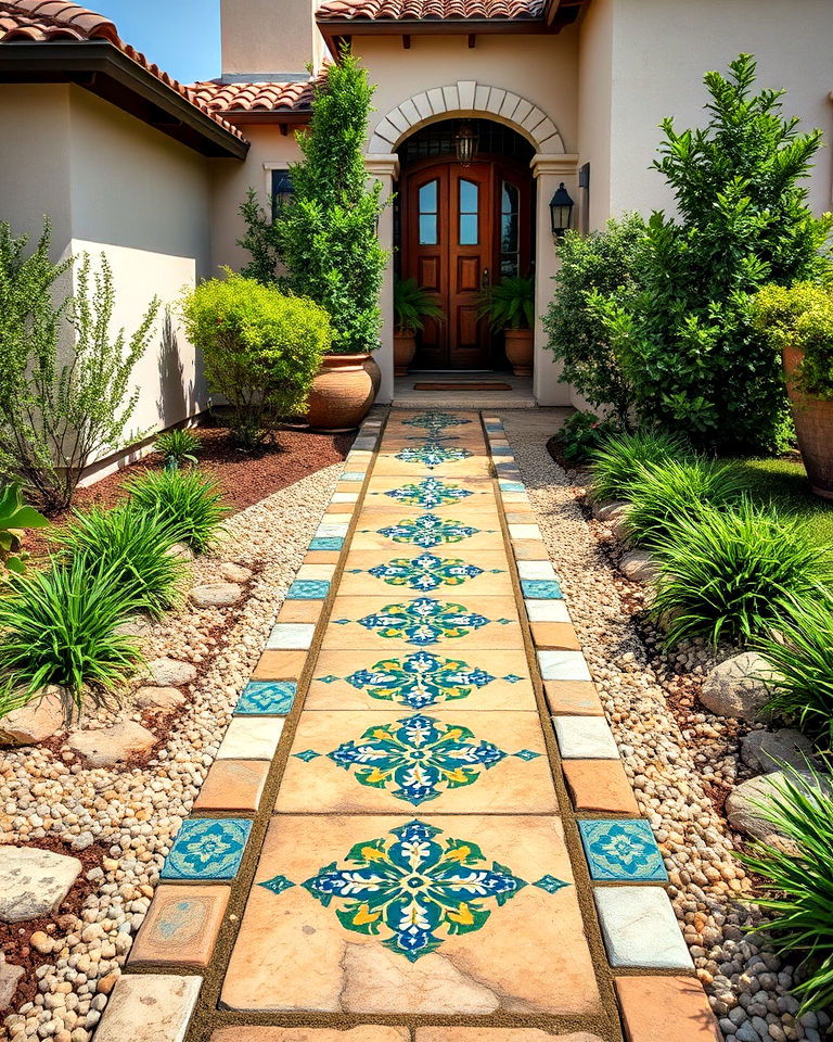 weather resistant decorative spanish tiles pathway - 20 Front Yard Spanish Style Landscaping Ideas