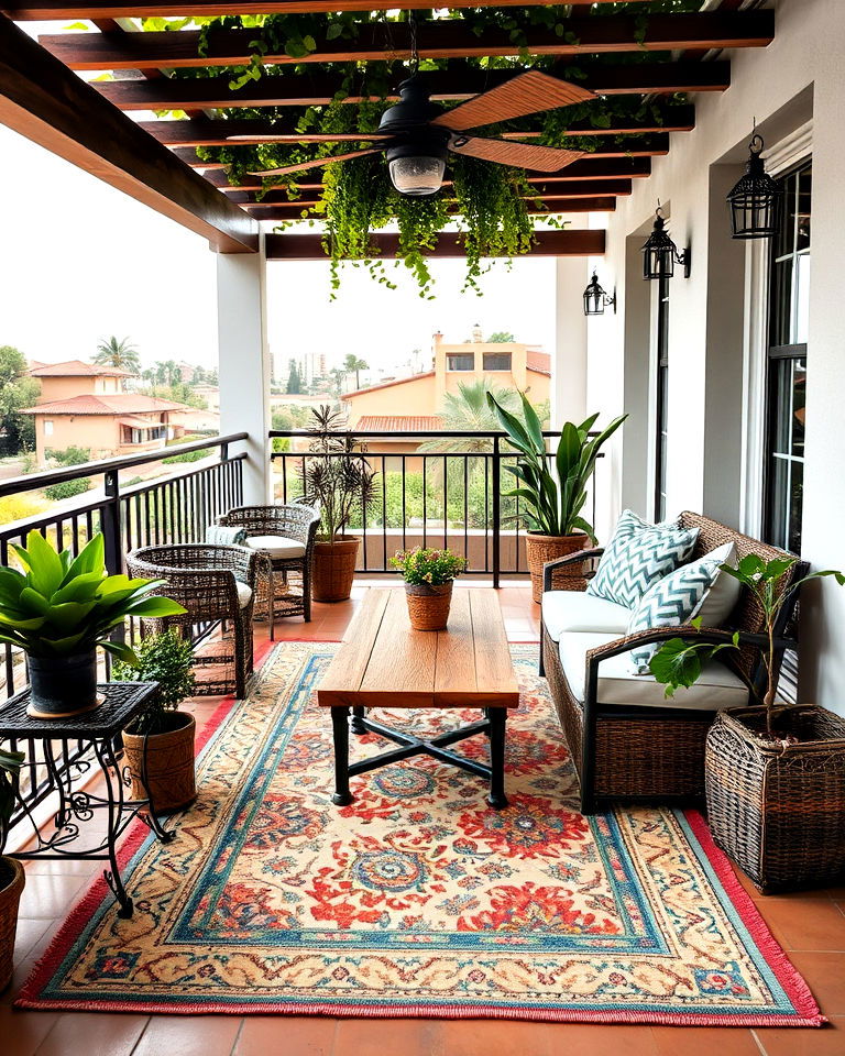 weather resistant outdoor rug with mediterranean patterns - 20 Mediterranean Balcony Ideas
