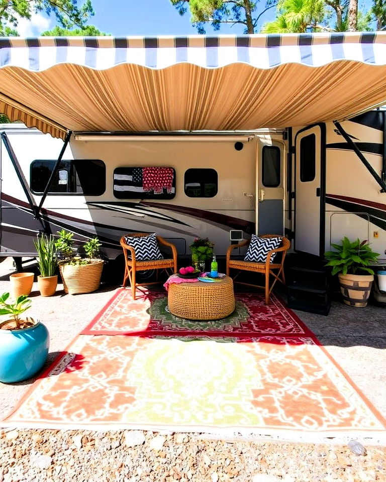 weather resistant outdoor rug - 30 Rv Campsite Decorating Ideas