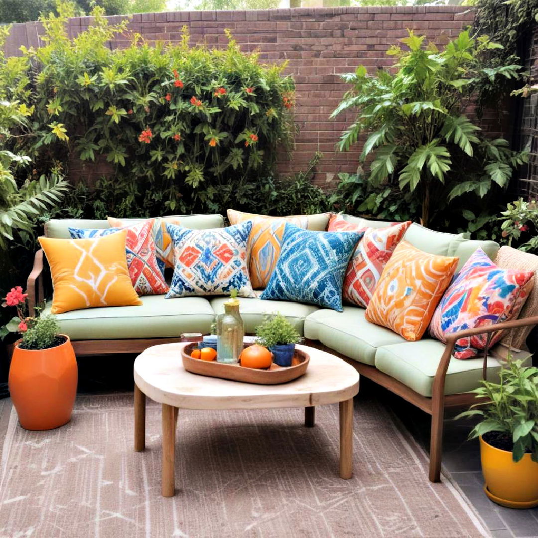 weather resistant patterned outdoor pillows - 40 Small Patio Ideas on a Budget