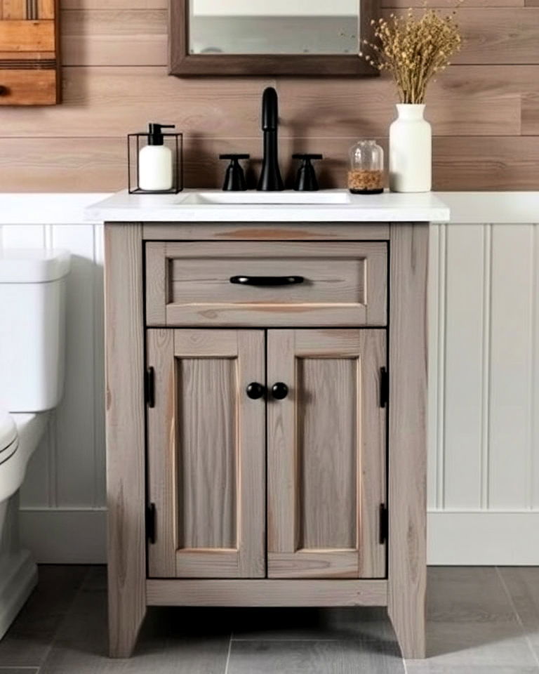 weathered gray vanity for rustic elegance - 15 Rustic Bathroom Vanity Ideas